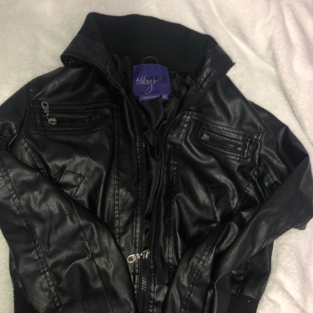 Black Miley Cyrus and Max AZRIA leather jacket